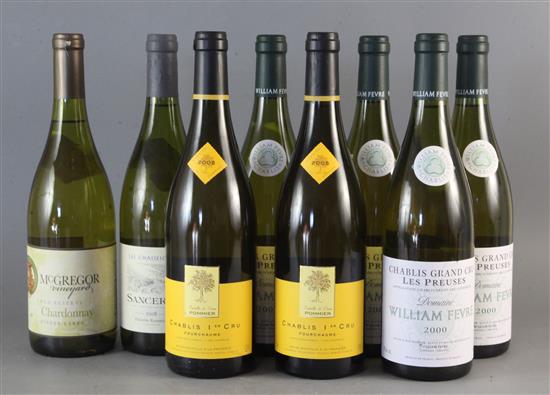 Four bottles of Chablis Grand Cru Les Preuses, 2000 (William Fevre), two oher bottles of Chablis, a Sauterne
